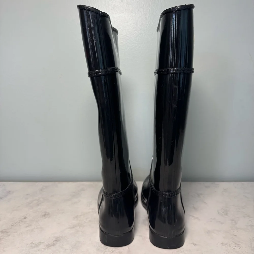 Michael Kors Stockard Gloss Logo Tall Rain Boots Size 7 Black Gold